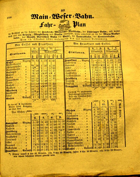 Rhein-Weser-Bahn. Erster regulärer Marburger Fahrplan 1851.#https://www.myheimat.de/marburg/kultur/1851-erster-regulaerer-marburger-eisenbahn-fahrplan-d2753677.html