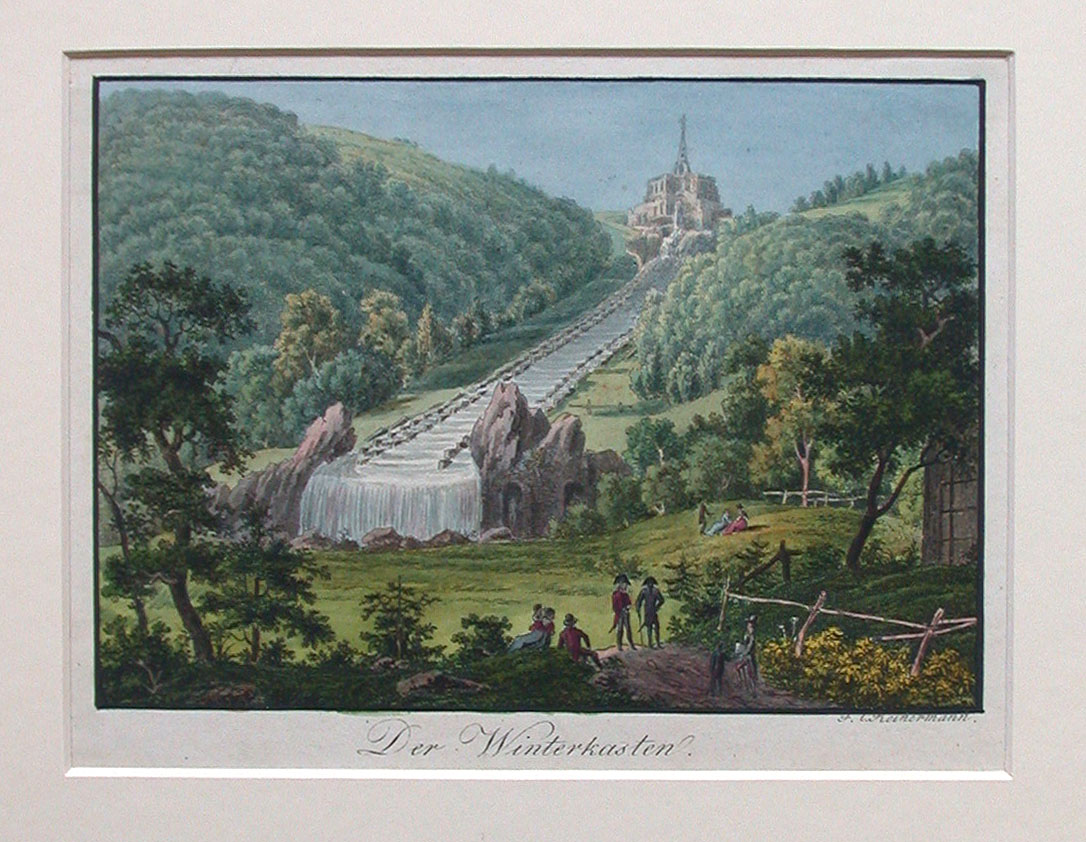 Das Herkules-Bauwerk mit den vorgelagerten Großen Kaskaden während der Wasserspiele (Kupferstich um 1800)#Friedrich Christian Reinermann, Gemeinfrei, https://commons.wikimedia.org/w/index.php?curid=4915081