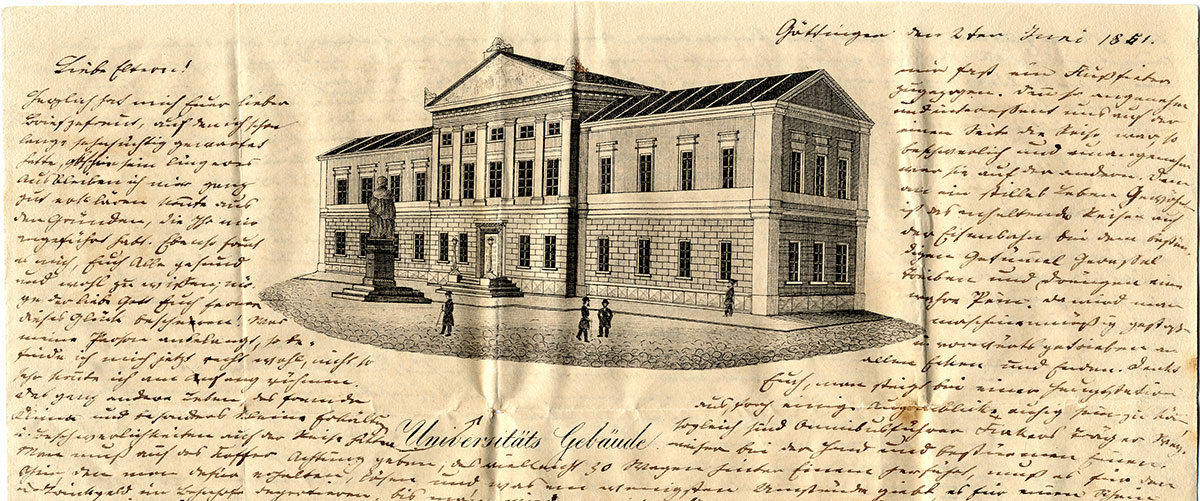 Ausschnitt eines Briefes an die Eltern in Ziefen vom 2. Juni 1851 aus Göttingen. Im Briefkopf die Aula der Georg-August-Universität.#Nachlass im Dichter- und Stadtmuseum Liestal.