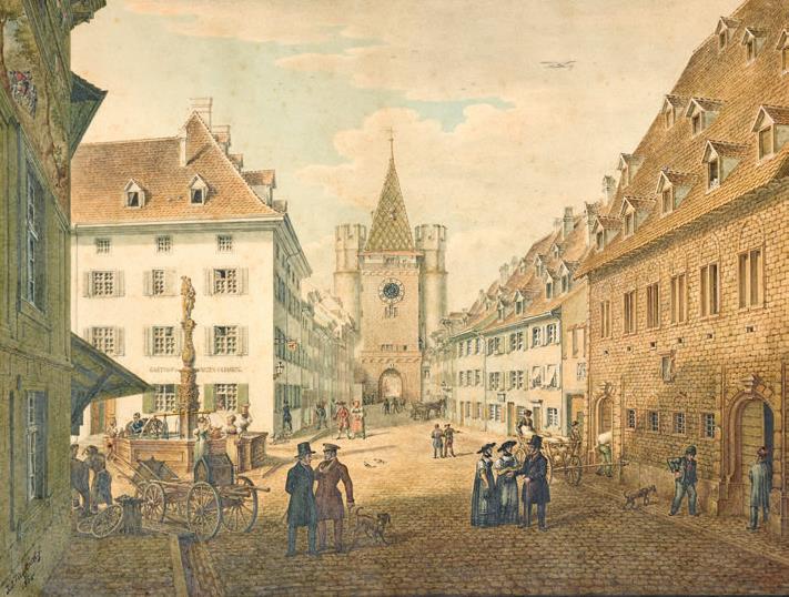Spalenvorstadt in Basel um 1854. 1847―1851 zweite Basler Wohnadresse beim Chirurgus Scherb (Haus Nr. 12, hier nicht sichtbar). Aquarell von Johann Jakob Neustück.#Historisches Museum Basel.